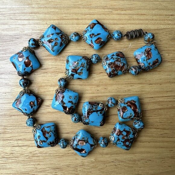 VTG‎ Venetian Turquoise Aventurine Murano Glass Bead Necklace + Earrings 18" - Picture 10 of 13